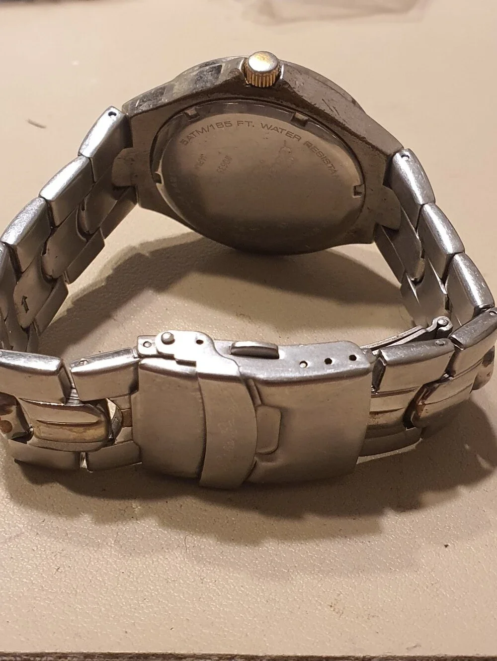Vtg Eddie Bauer Textured 3 Eye Silver/Goldtone Stainless Steel Men's Watch